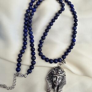 Black Oxidized St. Steel Pharaoh Head Pendant On Lapis Lazuli Beaded Necklace